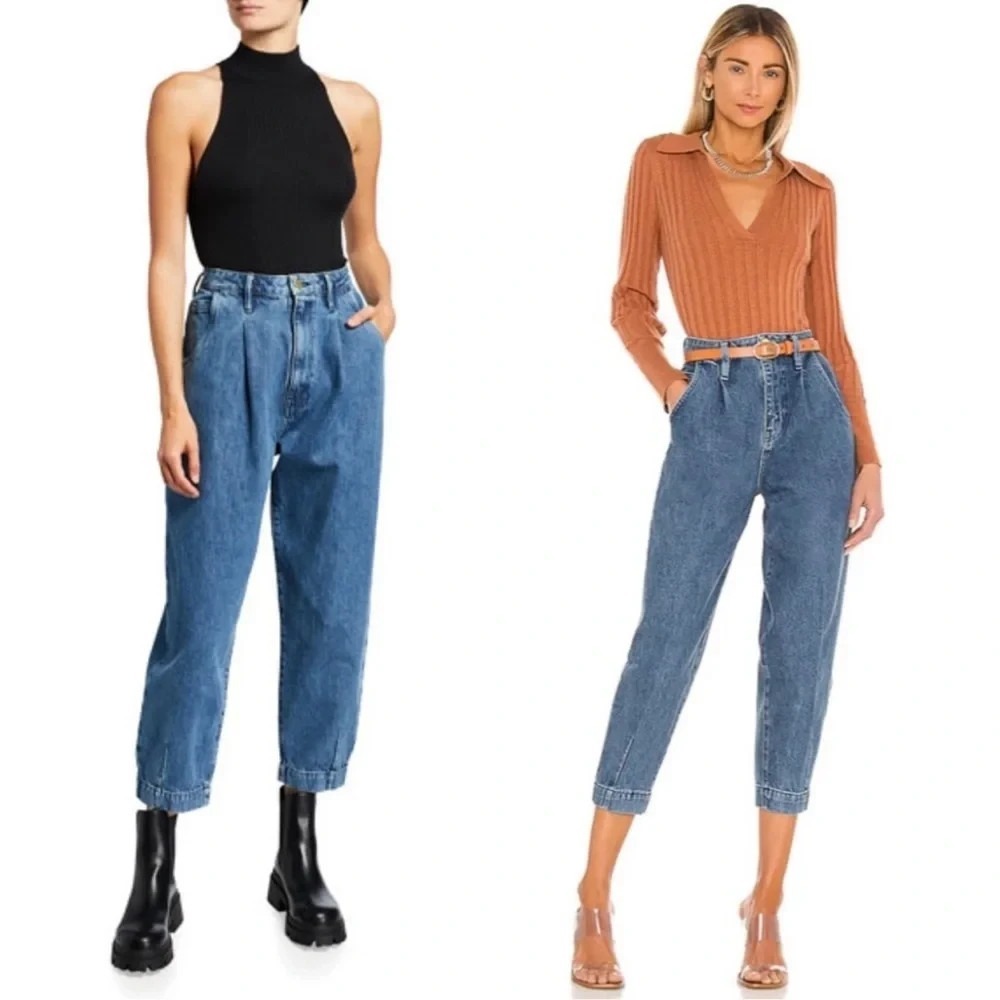 Frame Pleated Barrel Tapered Leg Jeans in Campus Blue Size 26